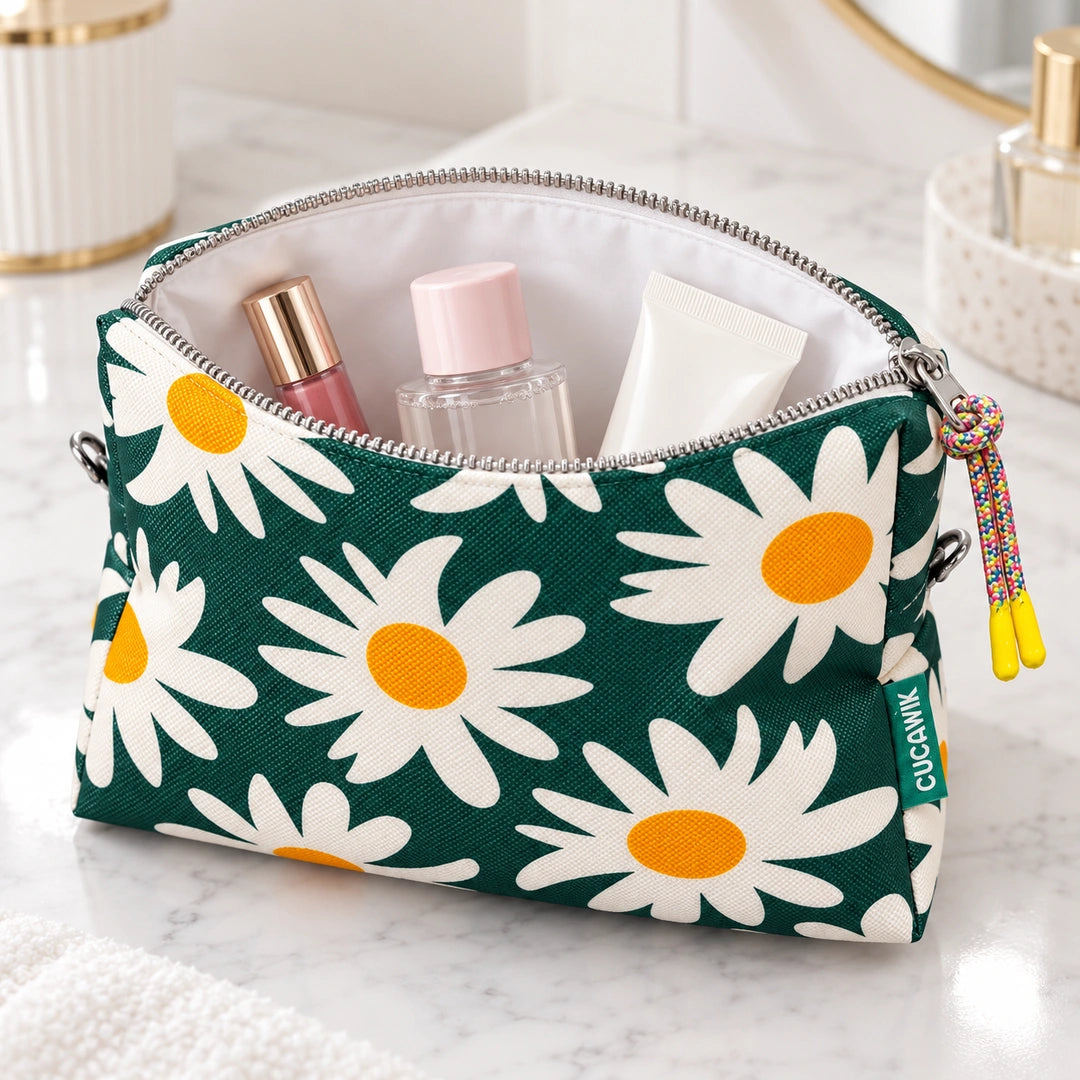 Necessaire Grande Impermeável Eden Margaridas Fundo Verde Escuro — aberta com cosméticos