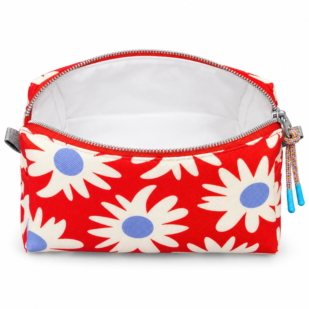 Necessaire Grande Impermeável Eden Margaridas Fundo Laranja — aberta e vazia, interior branco sem forro nem divisórias