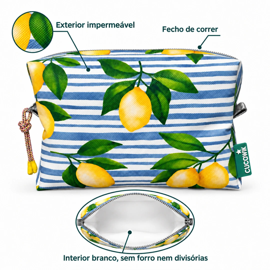 Necessaire Grande Impermeável Eden Limões Sicilianos Fundo Riscas Azuis — características e fecho em metal prateado