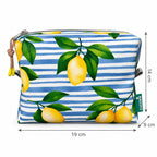 Necessaire Grande Impermeável Eden Limões Sicilianos Fundo Riscas Azuis — com medidas
