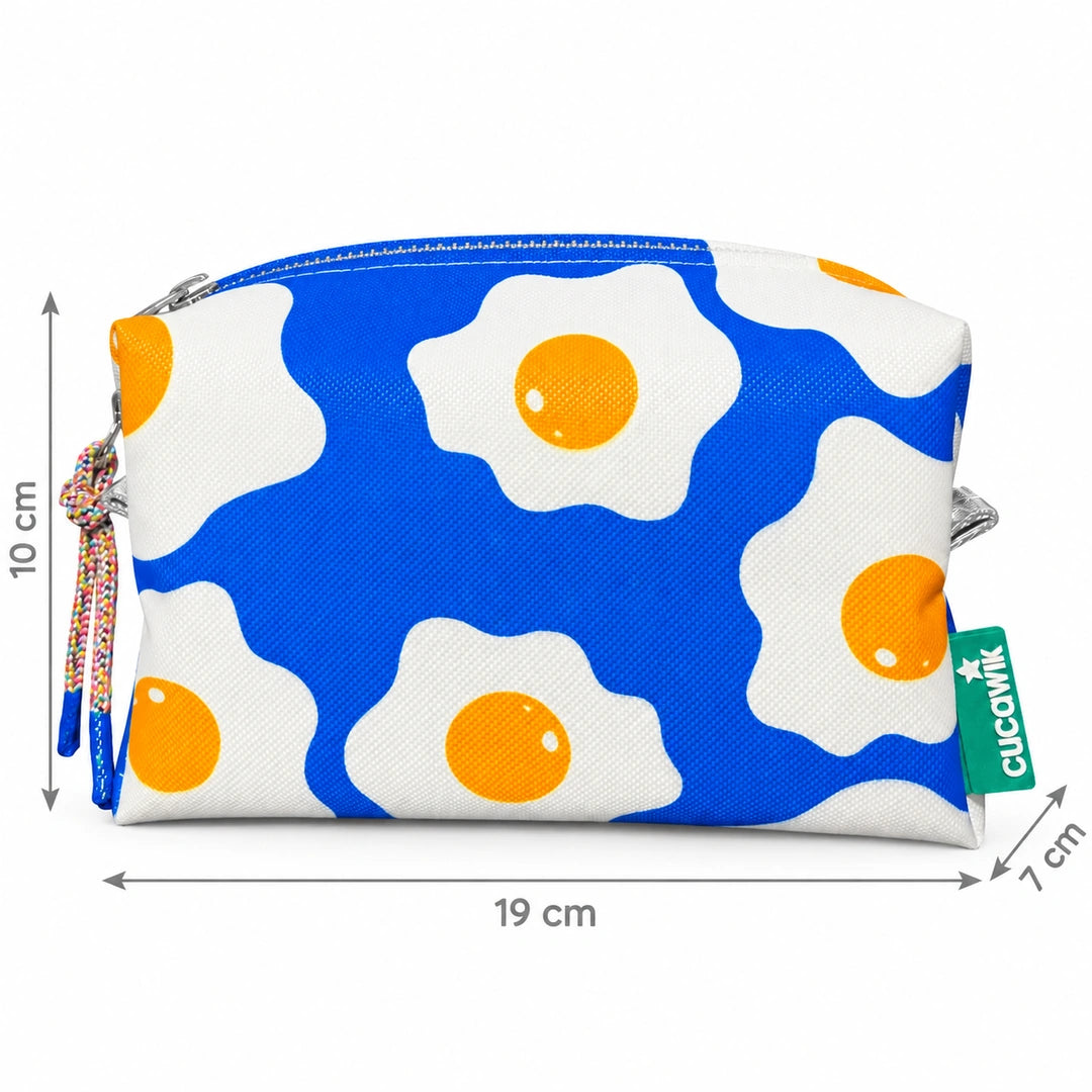Necessaire Médio Impermeável Eden Ovos Estrelados Azul — com medidas