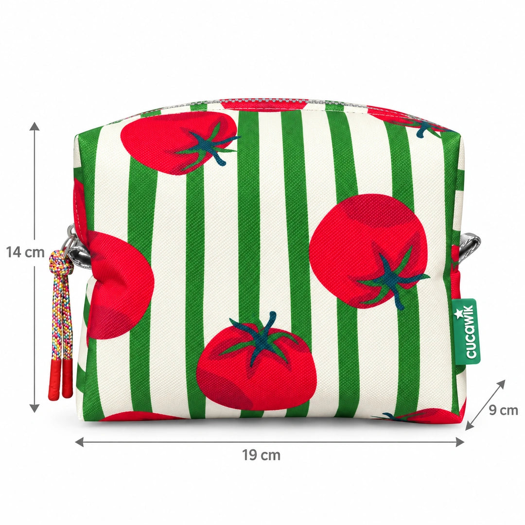 Necessaire Grande Impermeável Eden Tomates Fundo Riscas Verdes — com medidas