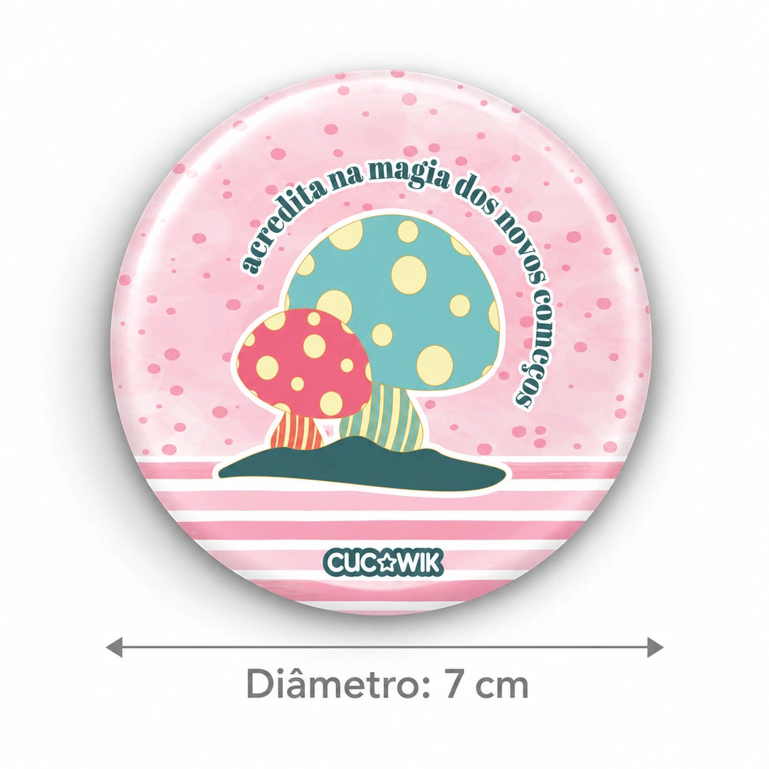 Espelho de bolso Redondo Miro "Acredita na Magia dos Novos Começos" — medidas — diâmetro 7 cm