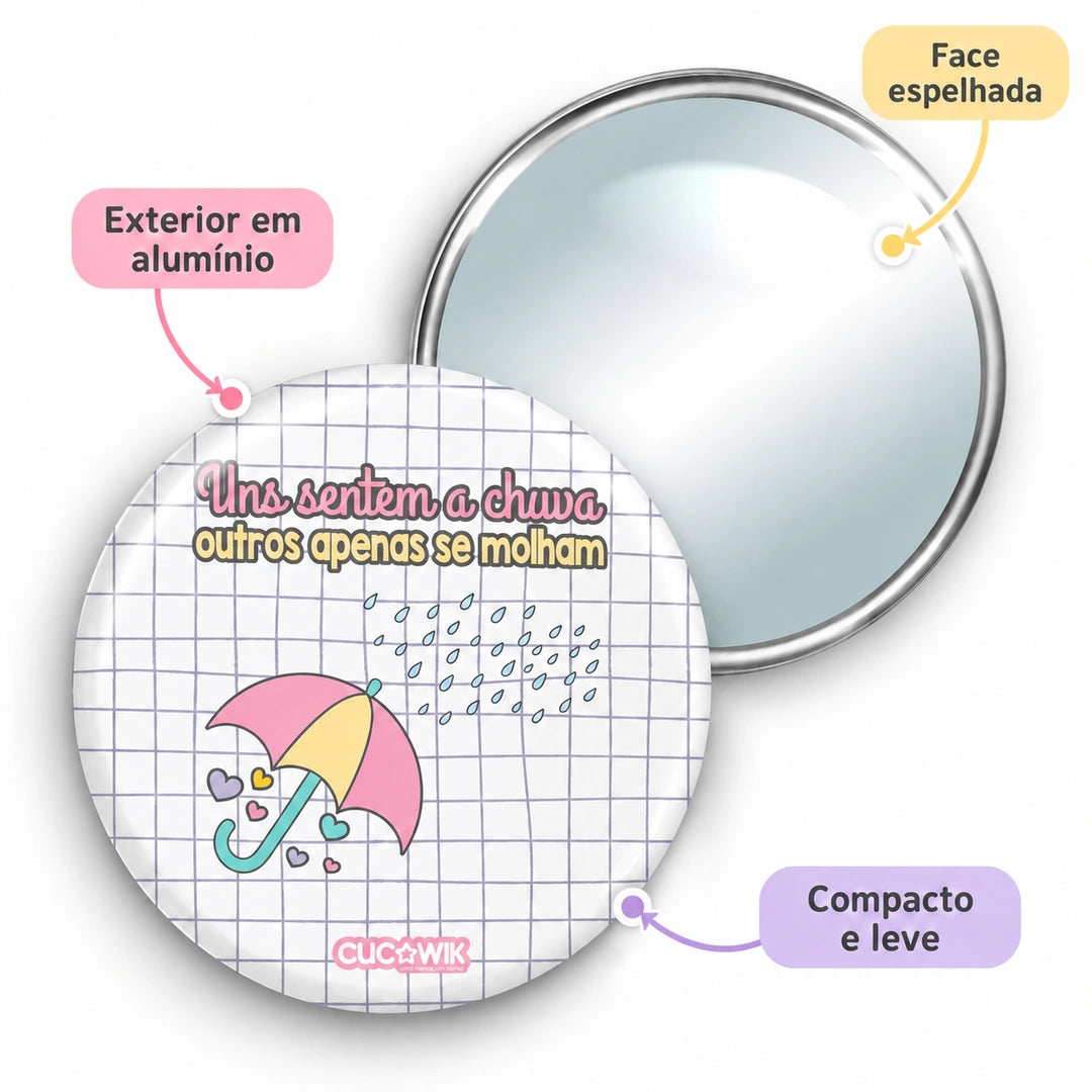 Espelho de bolso Redondo Miro "Uns Sentem a Chuva, Outros Apenas se Molham" — características e materiais