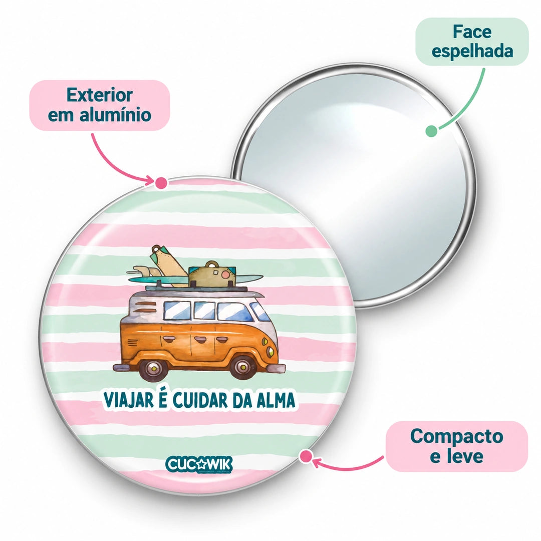 Espelho de bolso Redondo Miro "Viajar é Cuidar da Alma" — características e materiais