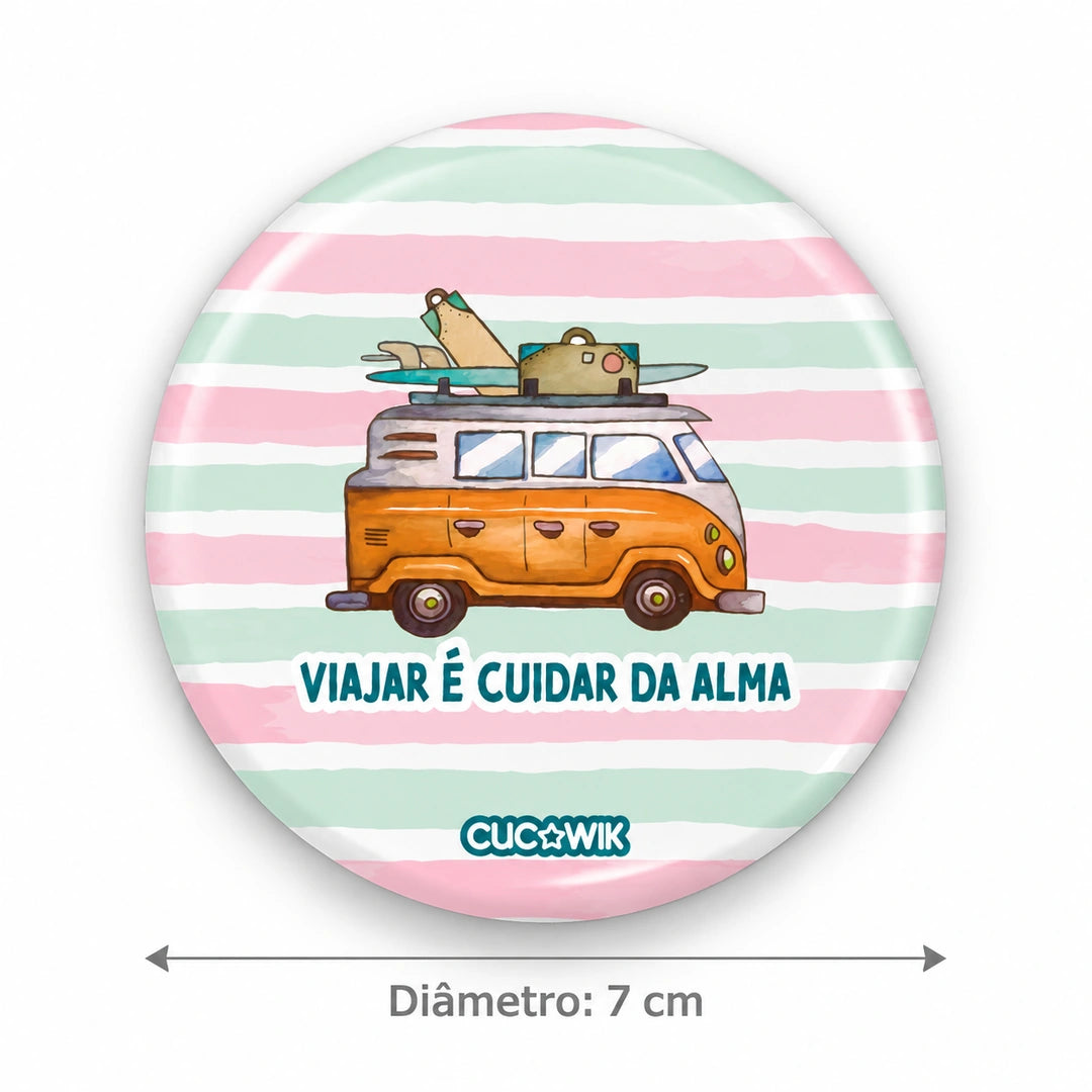 Espelho de bolso Redondo Miro "Viajar é Cuidar da Alma" — medidas — diâmetro 7 cm
