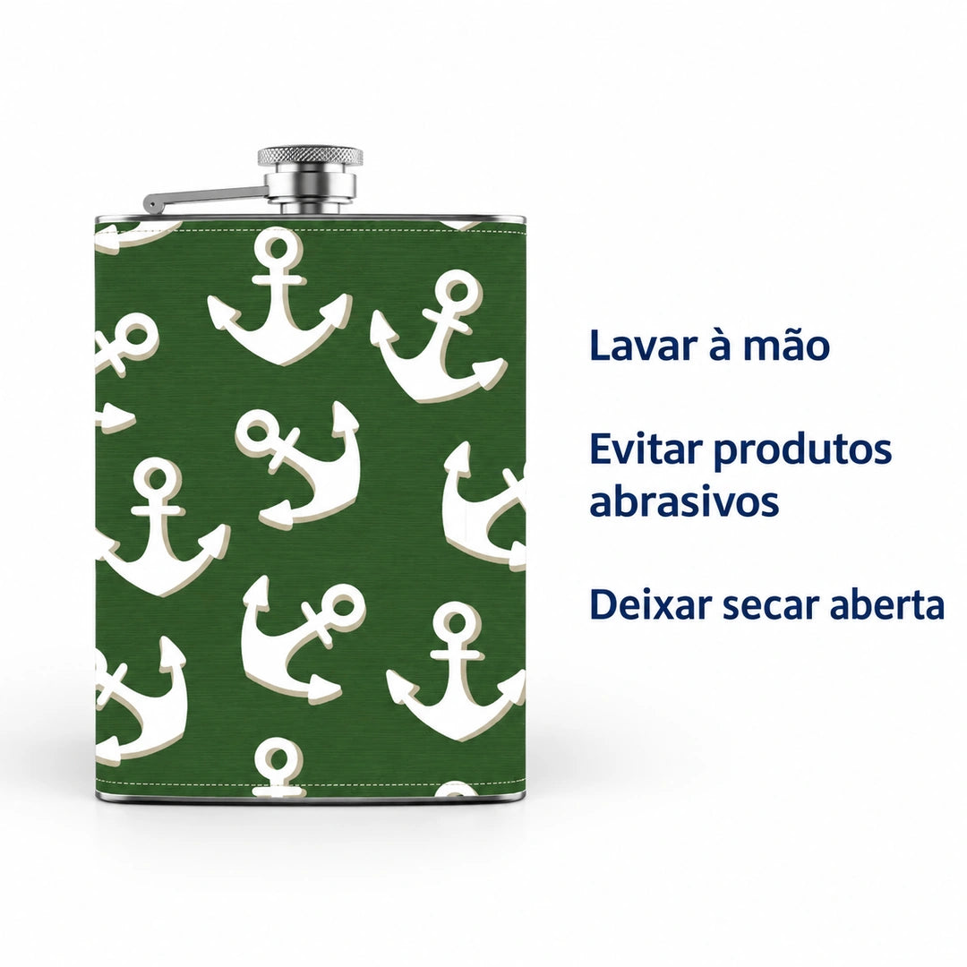 Garrafa de Bolso em Aço Inoxidável Mar e Âncoras Branco e Verde — cuidados de conservação