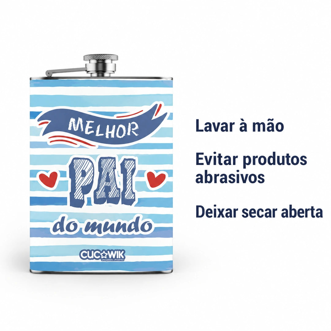 Garrafa de Bolso em Aço Inoxidável Melhor Pai do Mundo — cuidados de conservação
