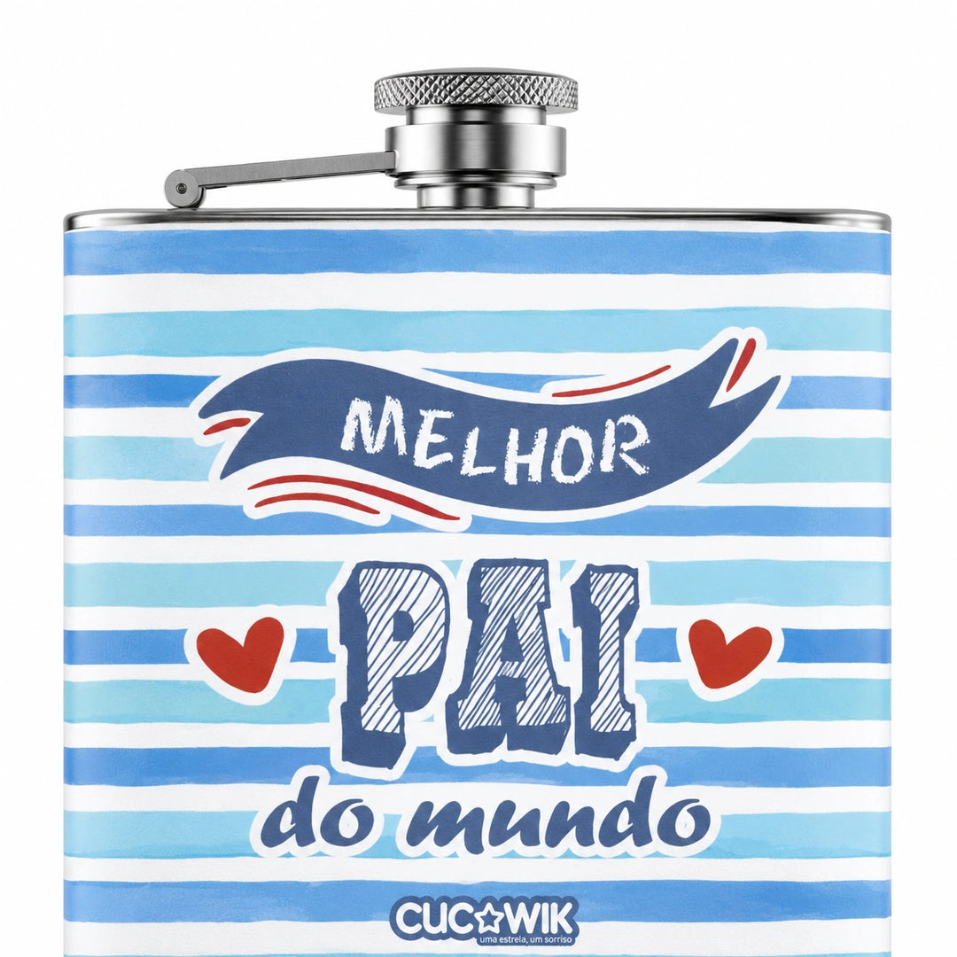 Garrafa de Bolso em Aço Inoxidável Melhor Pai do Mundo — detalhe do fecho metálico