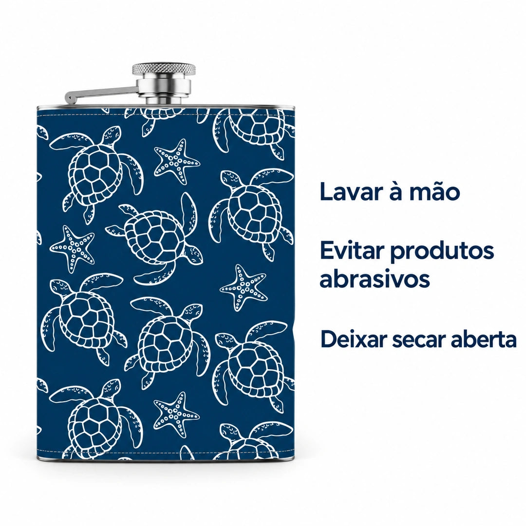 Garrafa de Bolso em Aço Inoxidável Tartarugas Marinhas Azul — cuidados de conservação