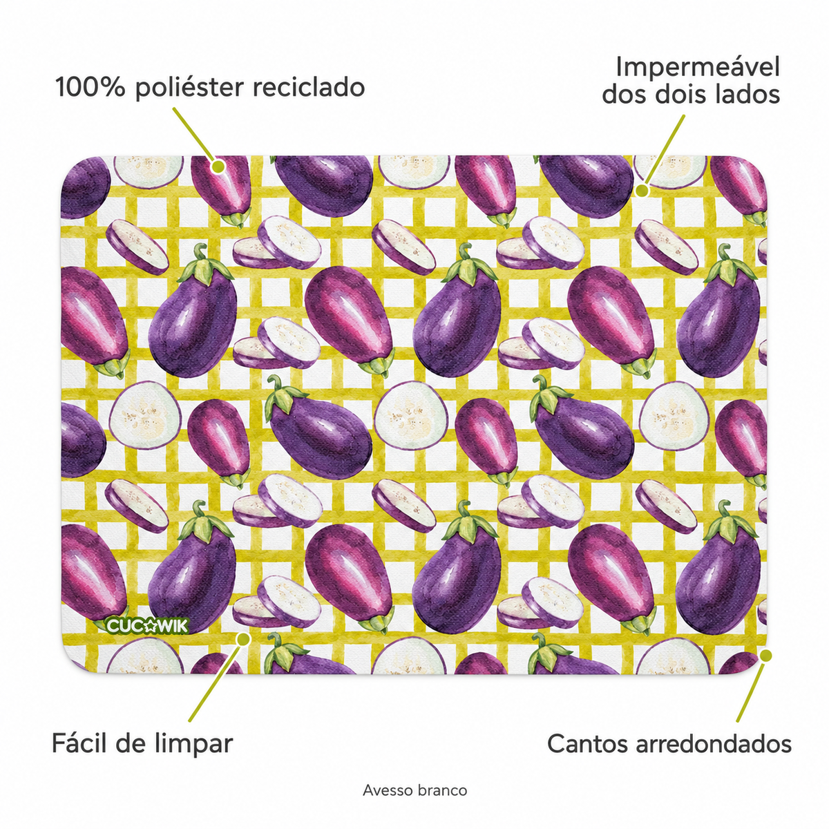 Individual de Mesa Retangular Beringelas Aguarela Fundo Xadrez Lima — caracteristicas