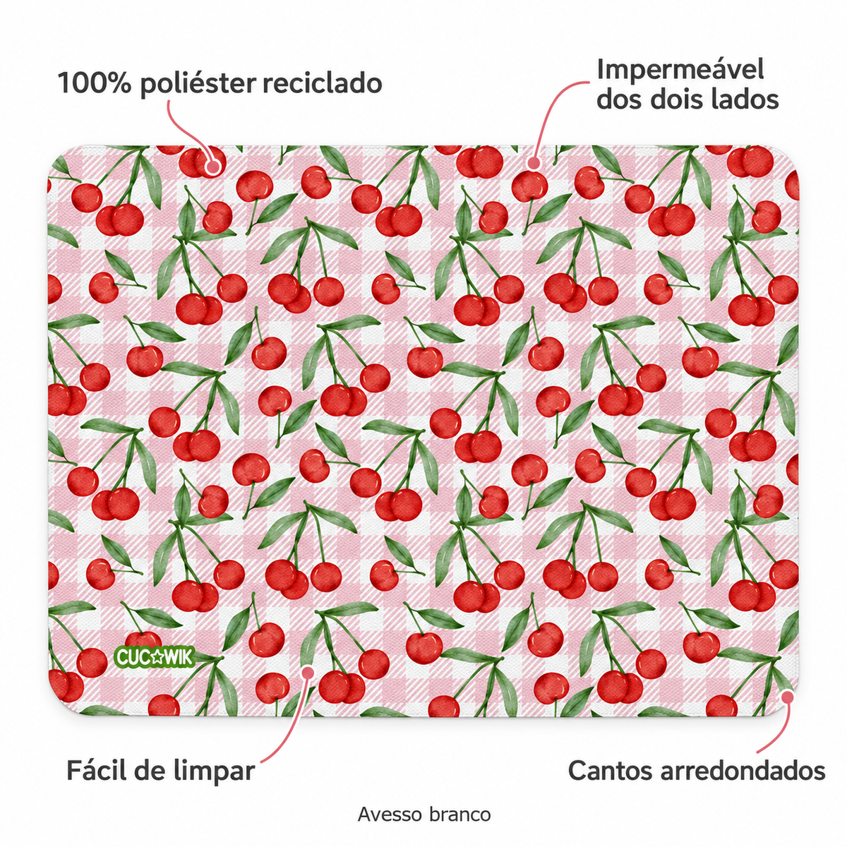 Individual de Mesa Retangular Cerejas do Fundão Fundo Xadrez Rosa — caracteristicas