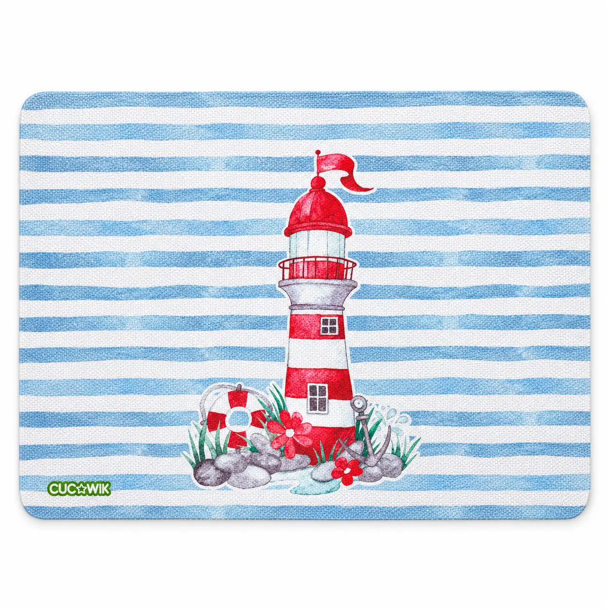 Individual de Mesa Retangular Farol Vermelho Fundo Riscas Azuis | Cucawik