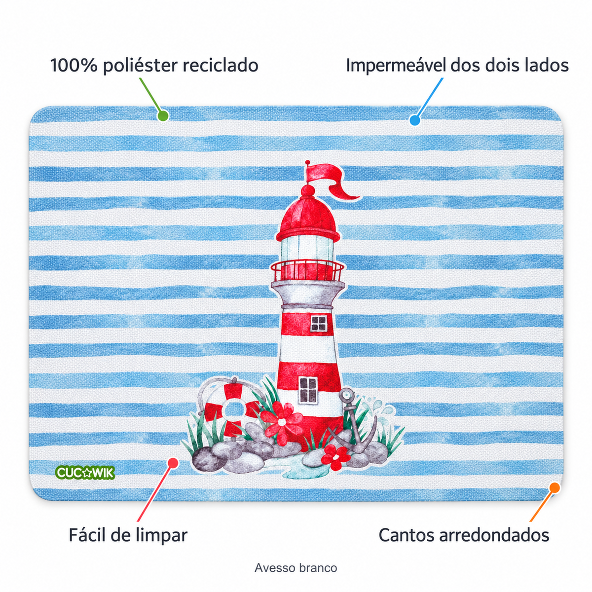 Individual de Mesa Retangular Farol Vermelho Fundo Riscas Azuis — caracteristicas