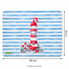 Individual de Mesa Retangular Farol Vermelho Fundo Riscas Azuis — medidas