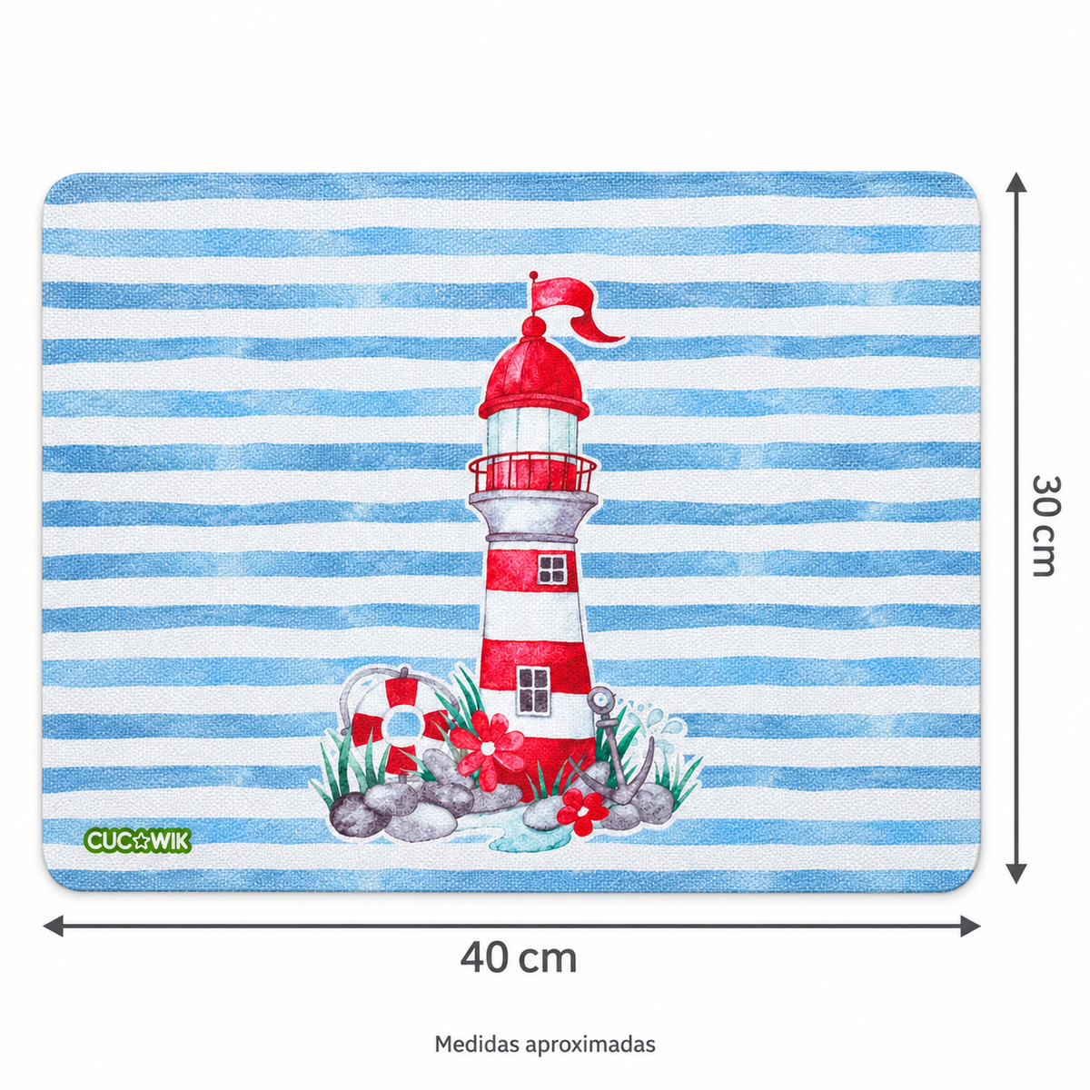 Individual de Mesa Retangular Farol Vermelho Fundo Riscas Azuis — medidas