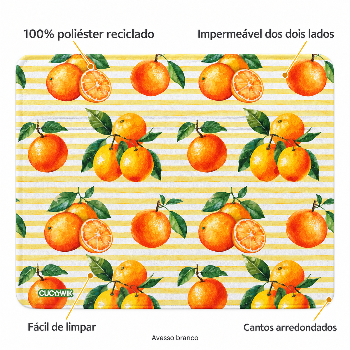 Individual de Mesa Retangular Laranjas Algarvias Fundo Riscas Laranjas — caracteristicas