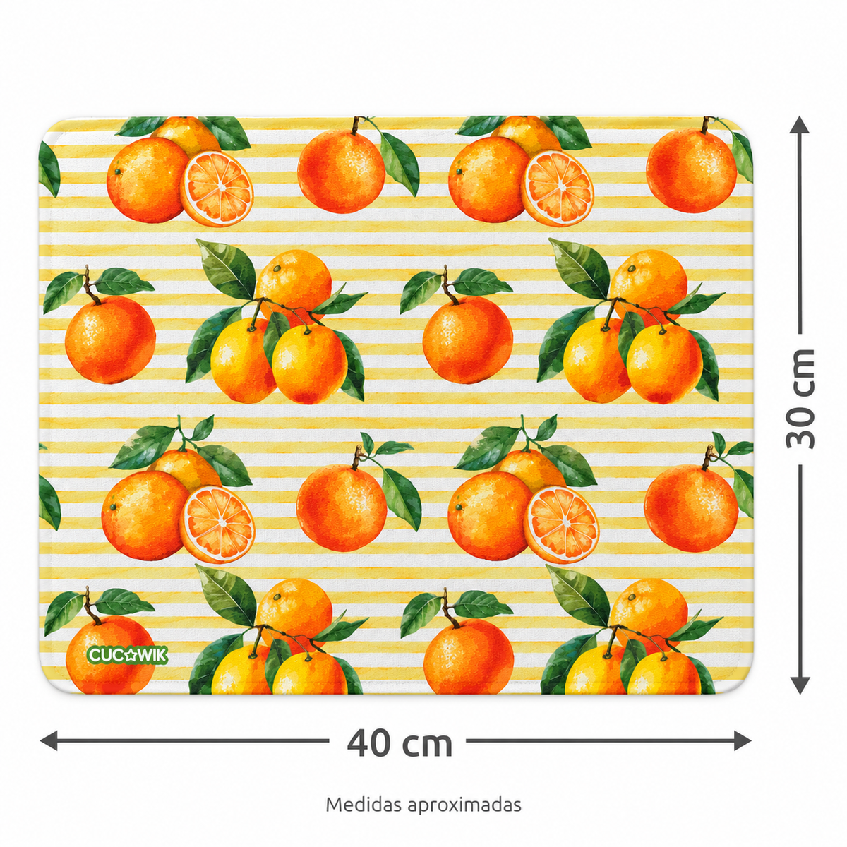 Individual de Mesa Retangular Laranjas Algarvias Fundo Riscas Laranjas — medidas