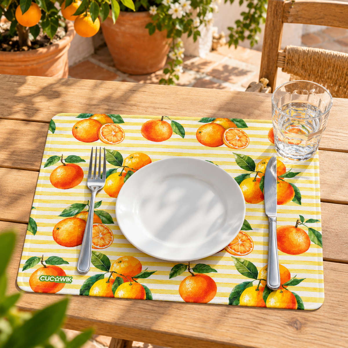 Individual de Mesa Retangular Laranjas Algarvias Fundo Riscas Laranjas — utilizacao