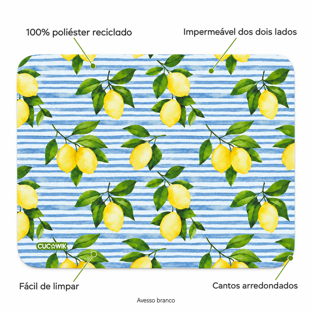 Individual de Mesa Retangular Limões Sicilianos Fundo Riscas Azuis — caracteristicas