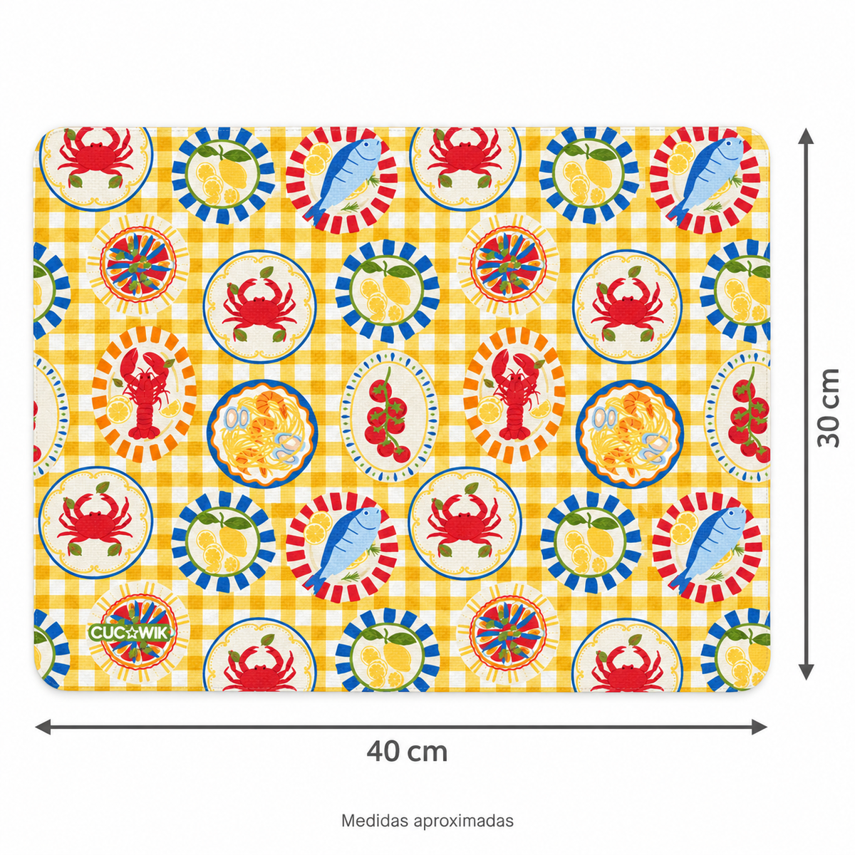 Individual de Mesa Retangular Pratos Mediterrânicos Xadrez Amarelo — medidas