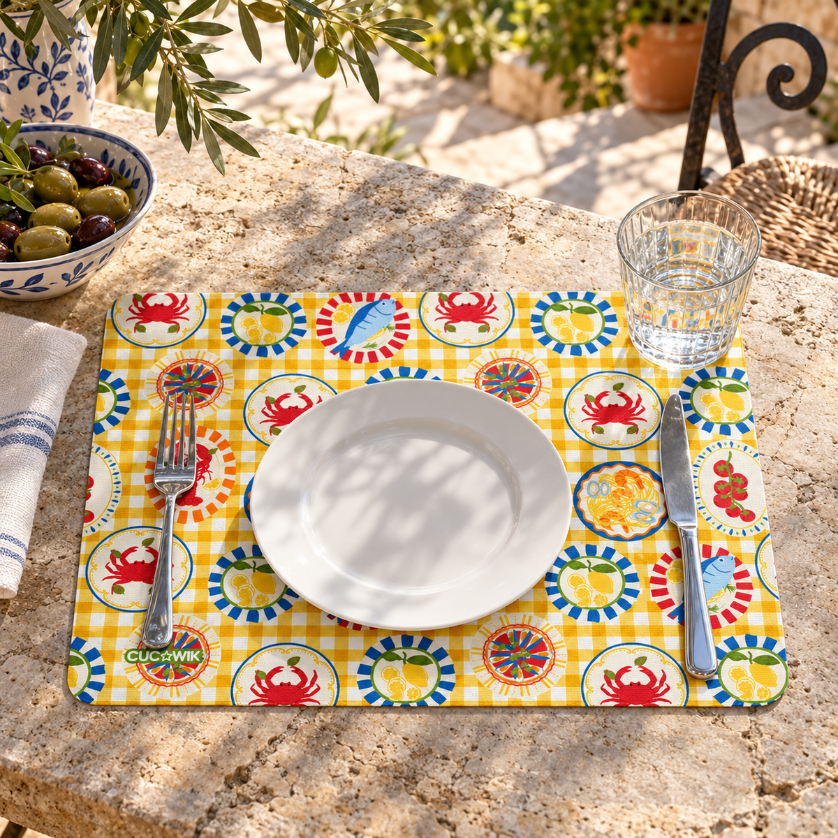 Individual de Mesa Retangular Pratos Mediterrânicos Xadrez Amarelo — utilizacao