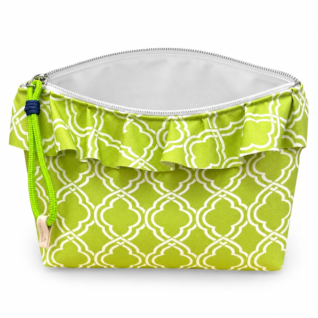 Bolsa Maggy Quatrefoil Verde aberta e vazia, interior branco sem forro nem divisórias, Cucawik