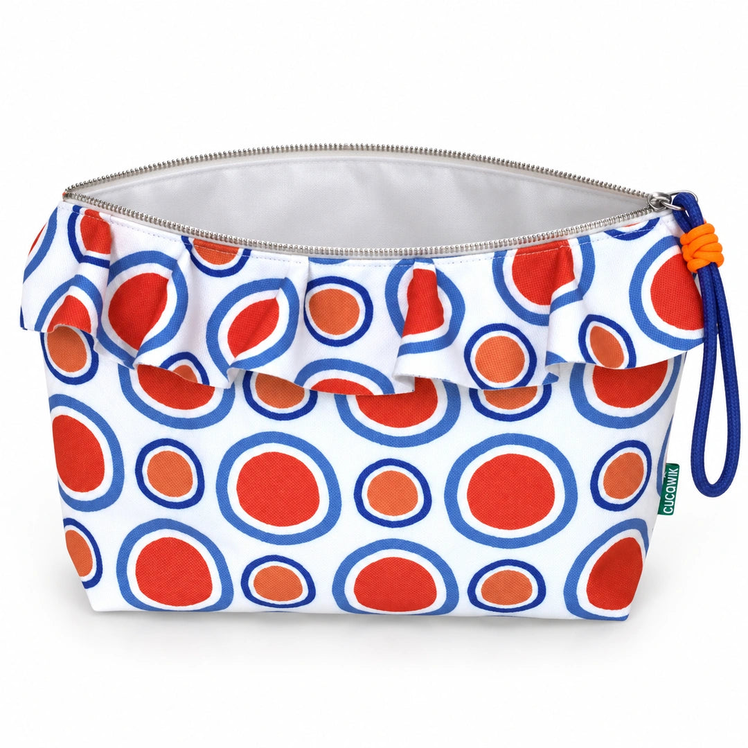 Necessaire Grande Impermeável Maggy com Folho Círculos Pop Laranja Azul — aberta e vazia, interior branco sem forro nem divisórias
