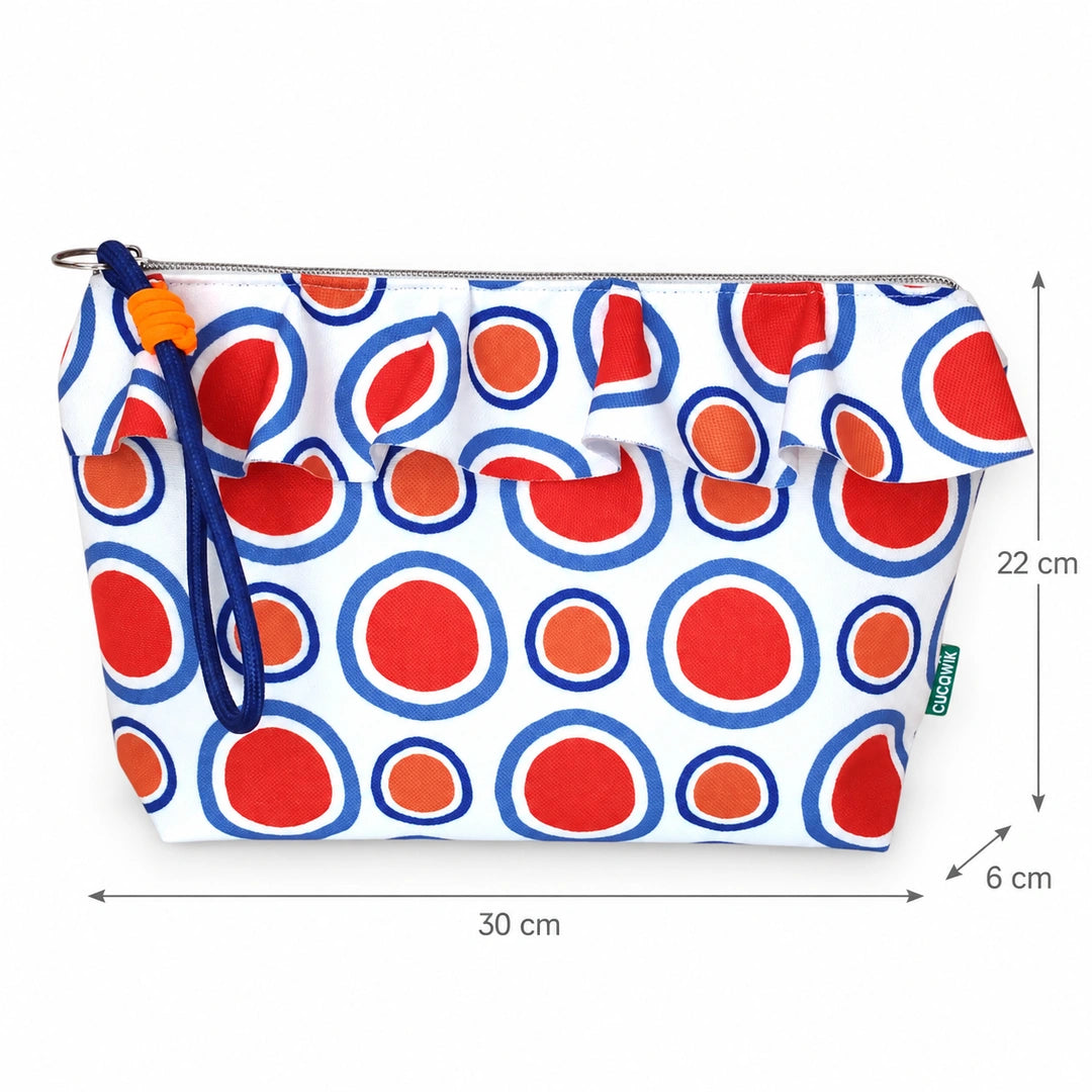 Necessaire Grande Impermeável Maggy com Folho Círculos Pop Laranja Azul — com medidas 30 × 22 × 6 cm