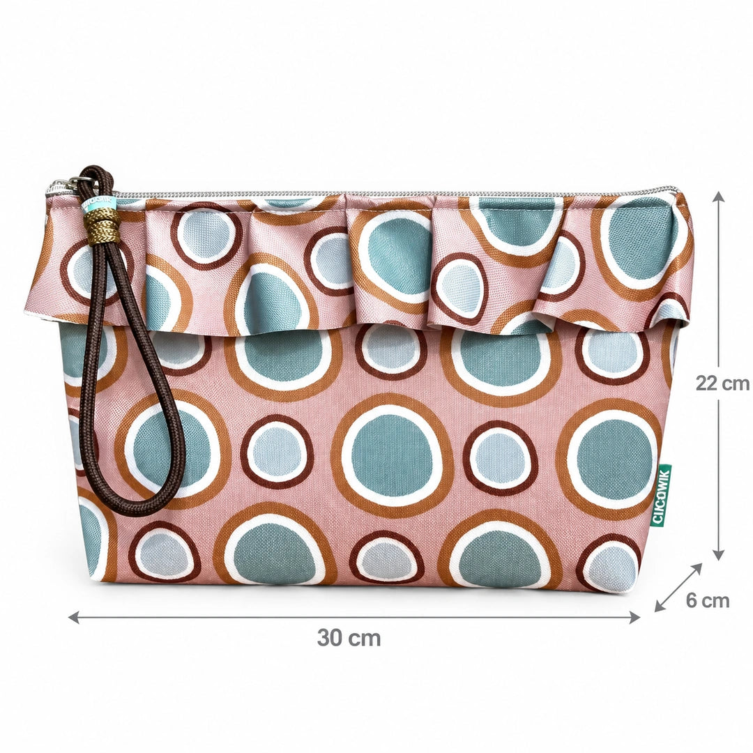 Necessaire Grande Impermeável Maggy com Folho Círculos Orgânicos Aqua Camel — com medidas 30 × 22 × 6 cm