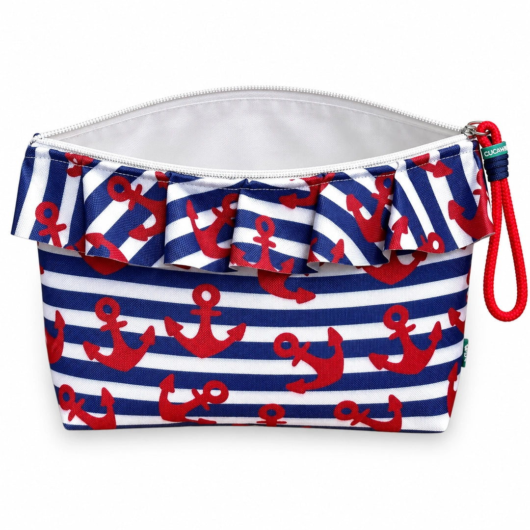 Bolsa Maggy Mar Âncoras Branco Azul aberta e vazia, interior branco sem forro nem divisórias, Cucawik