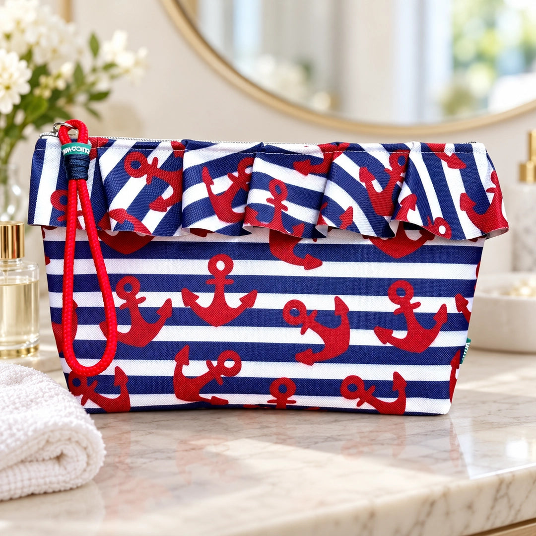 Bolsa Maggy Mar Âncoras Branco Azul fechada num toucador luminoso, Cucawik