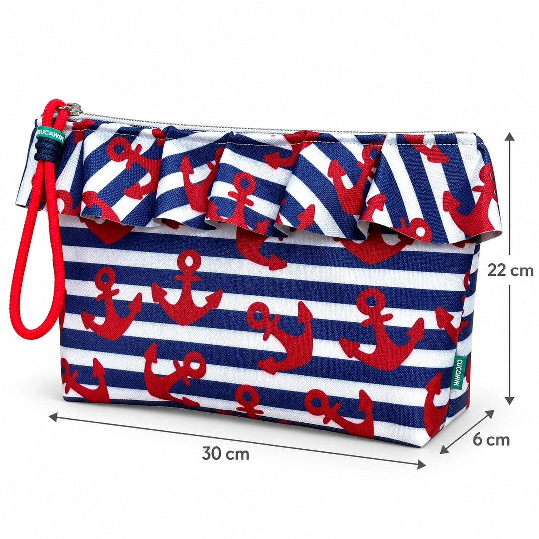 Bolsa Maggy Mar Âncoras Branco Azul: largura 30 cm, altura 22 cm, base 6 cm, Cucawik
