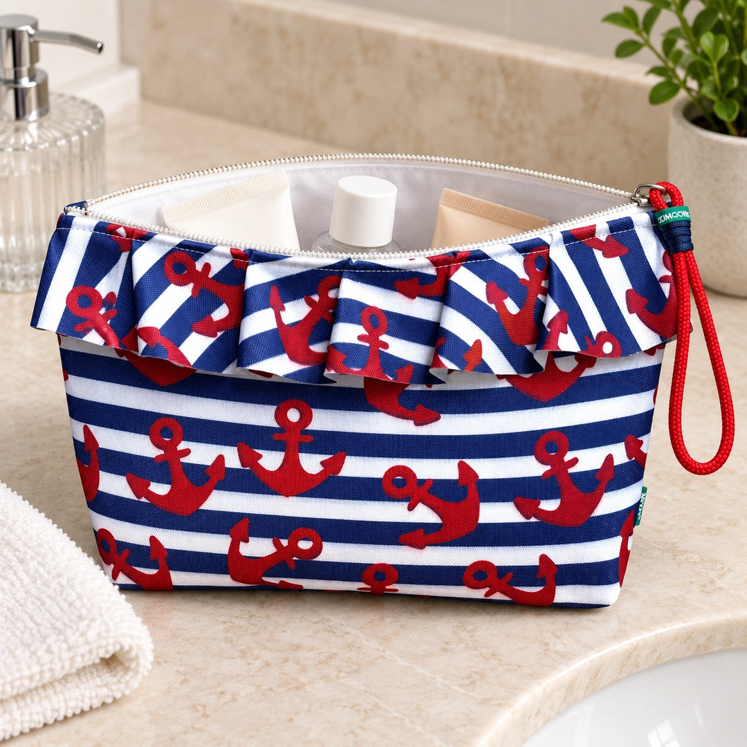 Bolsa Maggy Mar Âncoras Branco Azul aberta com cosméticos, interior branco, Cucawik