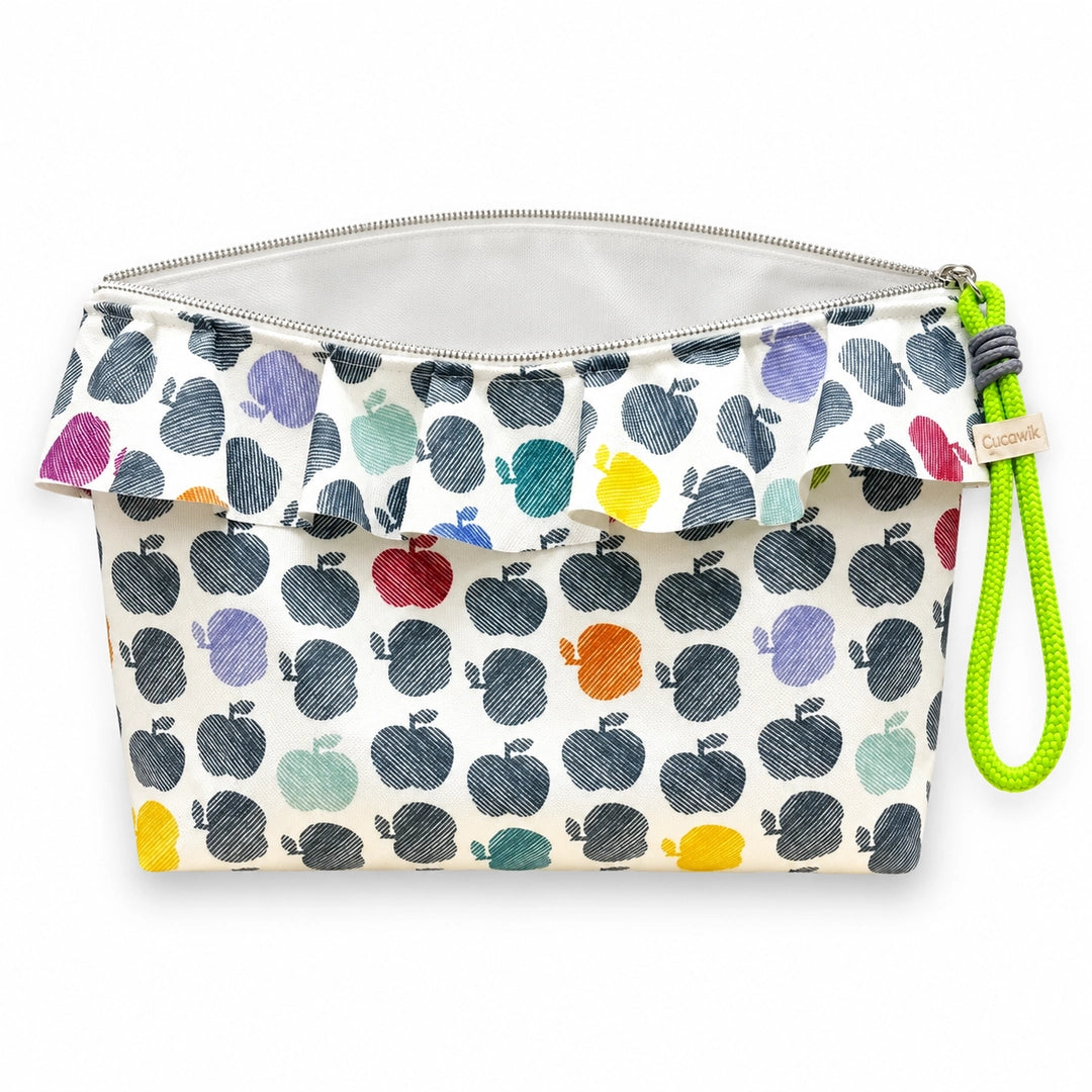 Bolsa Maggy Maçãs Coloridas aberta e vazia, interior branco sem forro nem divisórias, Cucawik
