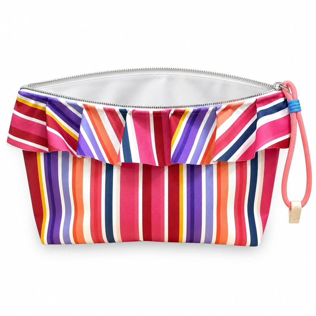 Bolsa Maggy Riscas Coloridas Rosa aberta e vazia, interior branco sem forro nem divisórias, Cucawik