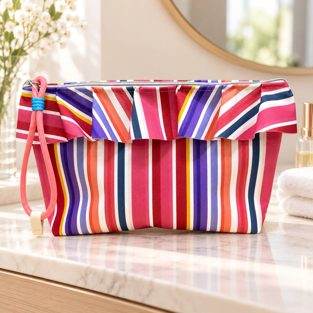 Bolsa Maggy Riscas Coloridas Rosa fechada num toucador luminoso, Cucawik