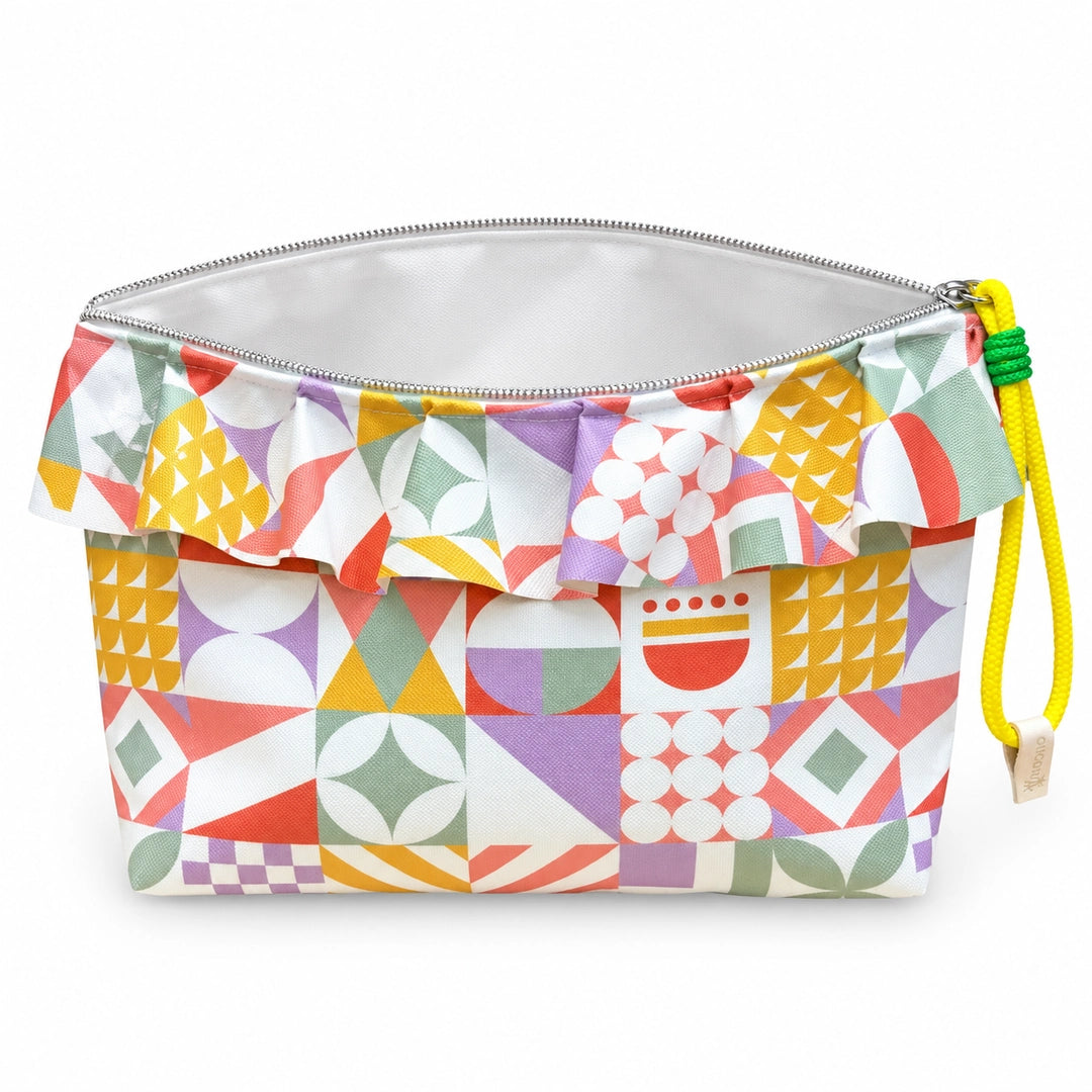 Bolsa Maggy Mosaico aberta e vazia, interior branco sem forro nem divisórias, Cucawik