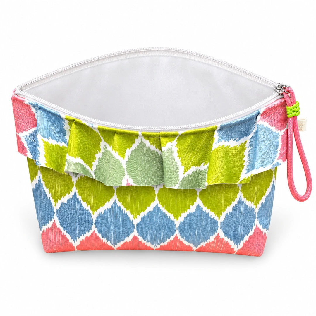 Bolsa Maggy Ikat Pastel Rosa Verde Azul Cucawik aberta e vazia, com interior branco