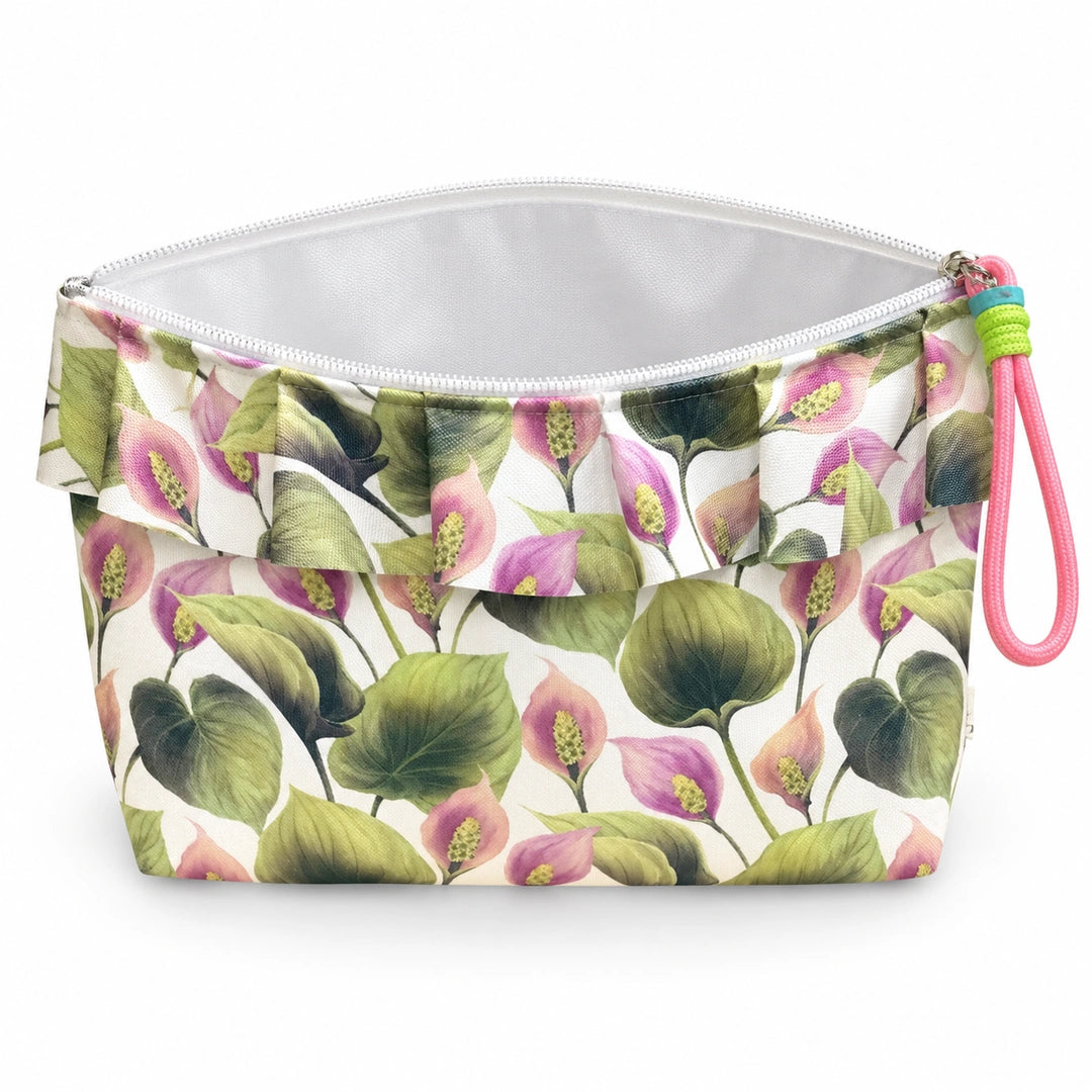 Bolsa Maggy Antúrios Lilás Verde Cucawik aberta e vazia, interior branco