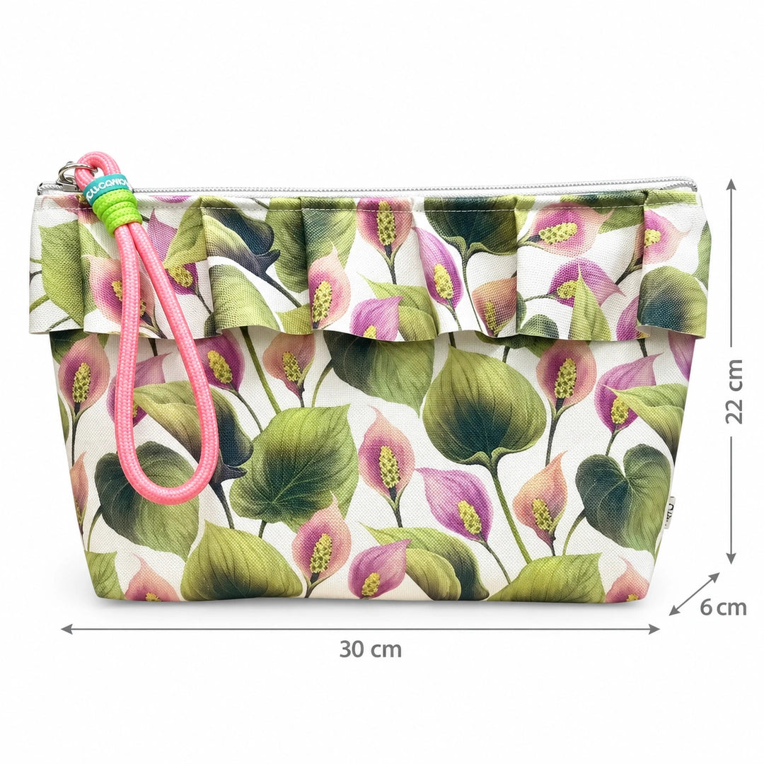 Bolsa Maggy Antúrios Lilás Verde Cucawik com medidas de 30 × 22 × 6 cm