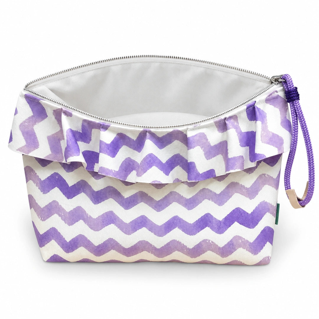 Bolsa Maggy Chevron Roxo Aguarela Cucawik aberta e vazia, interior branco