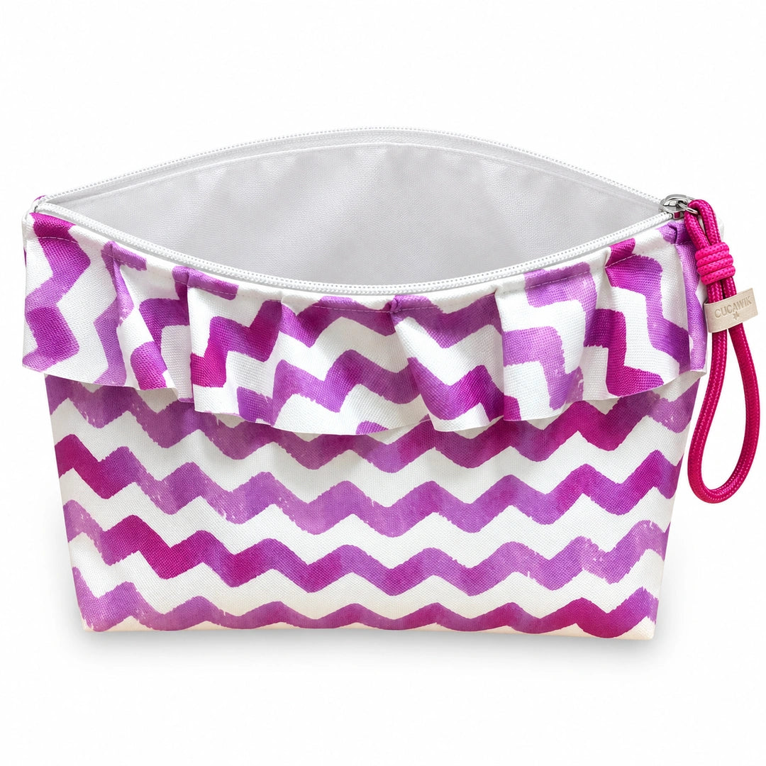 Bolsa Maggy Chevron Rosa Aguarela Cucawik aberta e vazia, interior branco