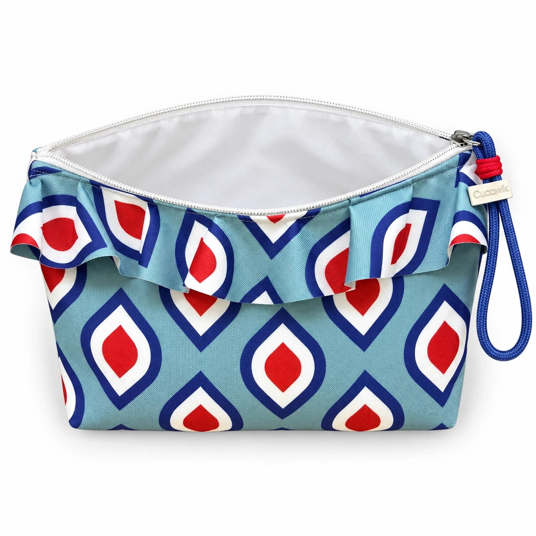 Bolsa Maggy Retro Pops Turquesa Vermelho Cucawik aberta e vazia, interior branco