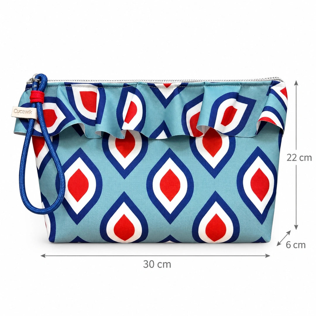 Bolsa Maggy Retro Pops Turquesa Vermelho Cucawik com medidas de 30 × 22 × 6 cm