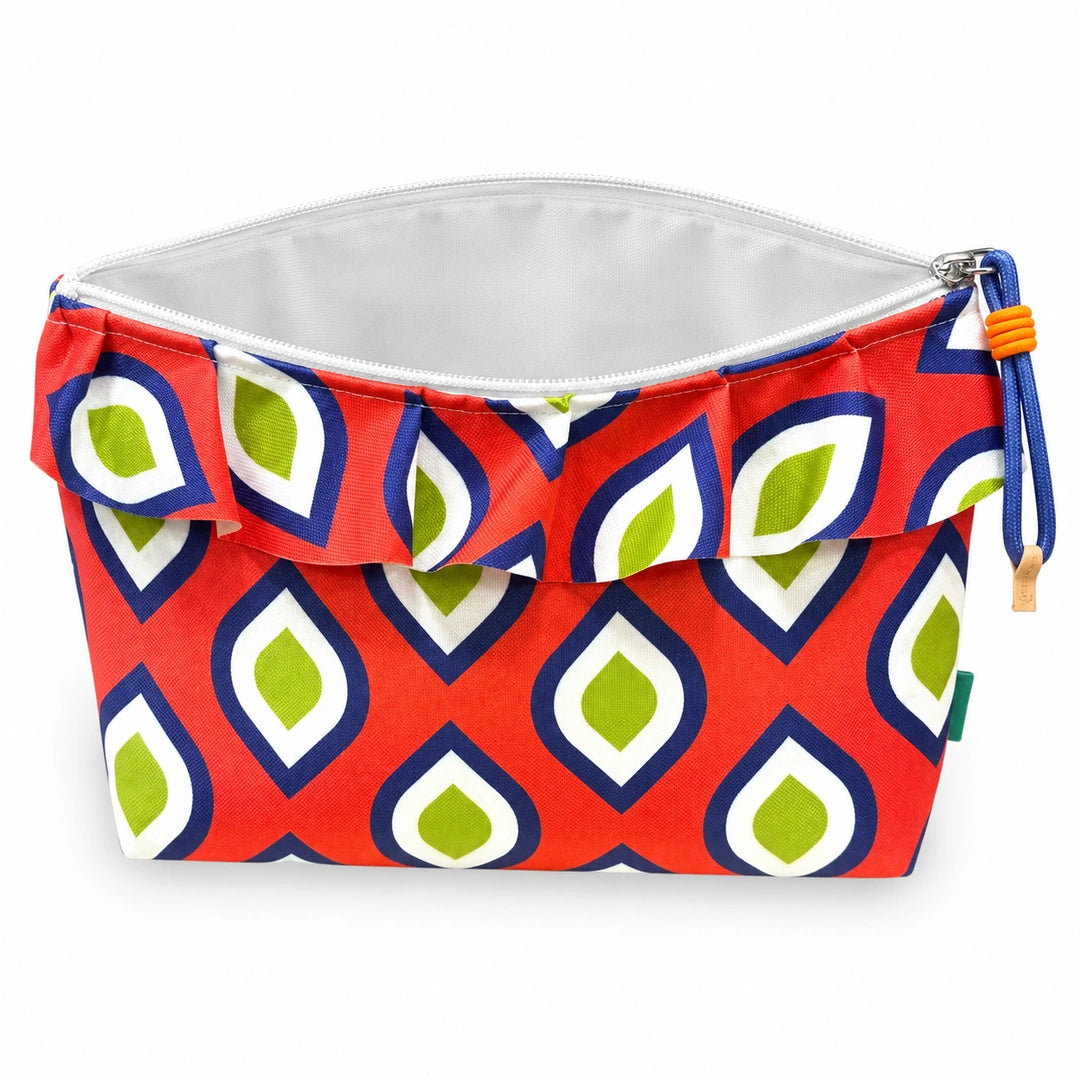 Bolsa Maggy Retro Pops Laranja Verde Azul Cucawik aberta e vazia, interior branco