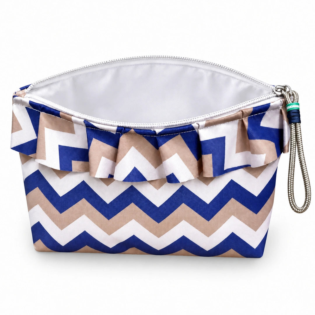 Bolsa Maggy Chevron Azul Cinzento Branco Cucawik aberta e vazia, interior branco