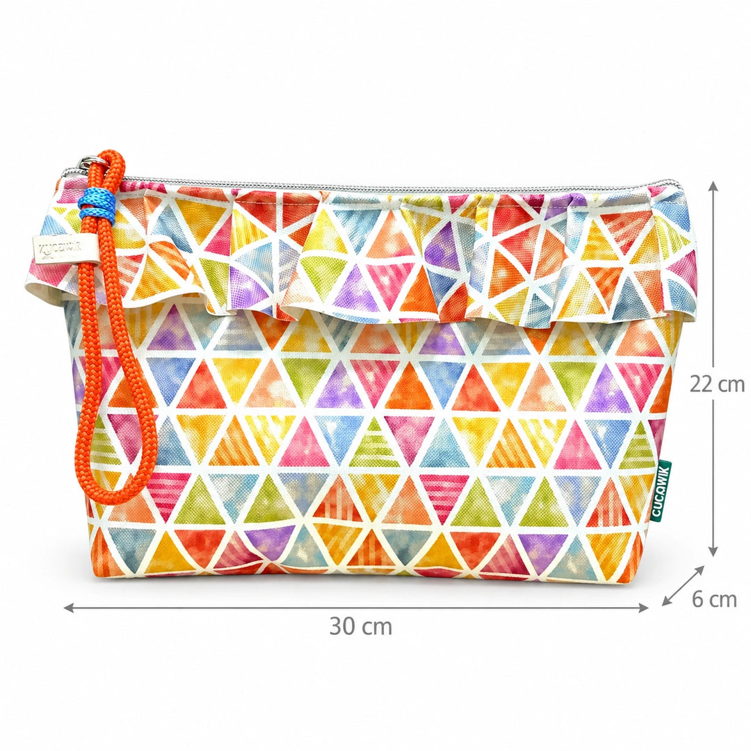 Necessaire Grande Impermeável Maggy com Folho Triângulos Coloridos Pastel — com medidas 30 × 22 × 6 cm