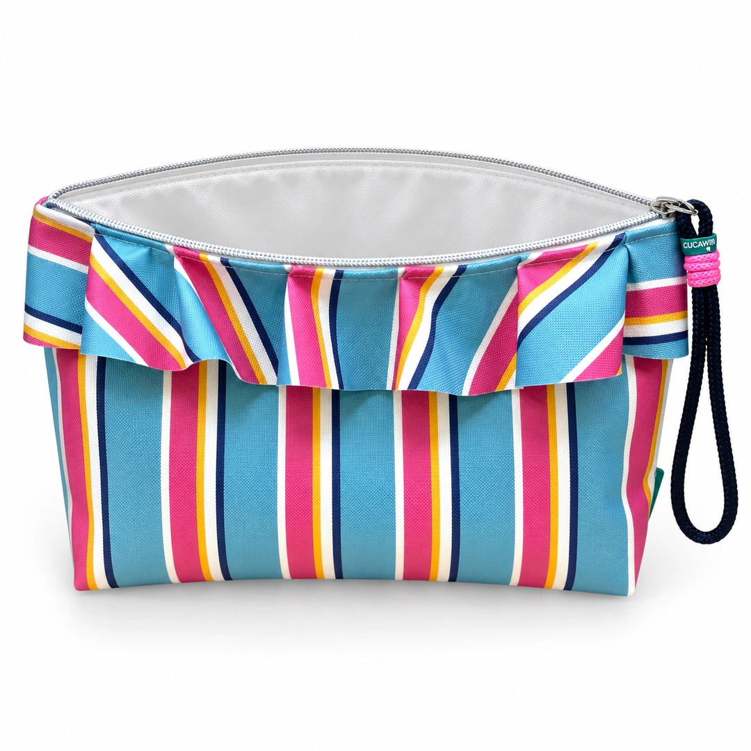 Necessaire Grande Impermeável Maggy com Folho Riscas Turquesa Rosa — aberta e vazia, interior branco sem forro nem divisórias