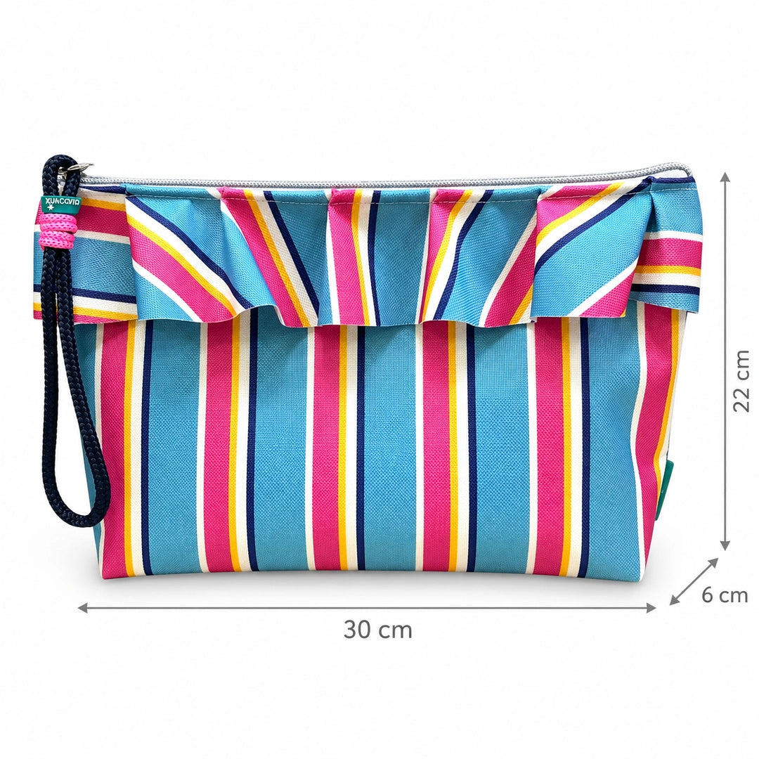 Necessaire Grande Impermeável Maggy com Folho Riscas Turquesa Rosa — com medidas 30 × 22 × 6 cm
